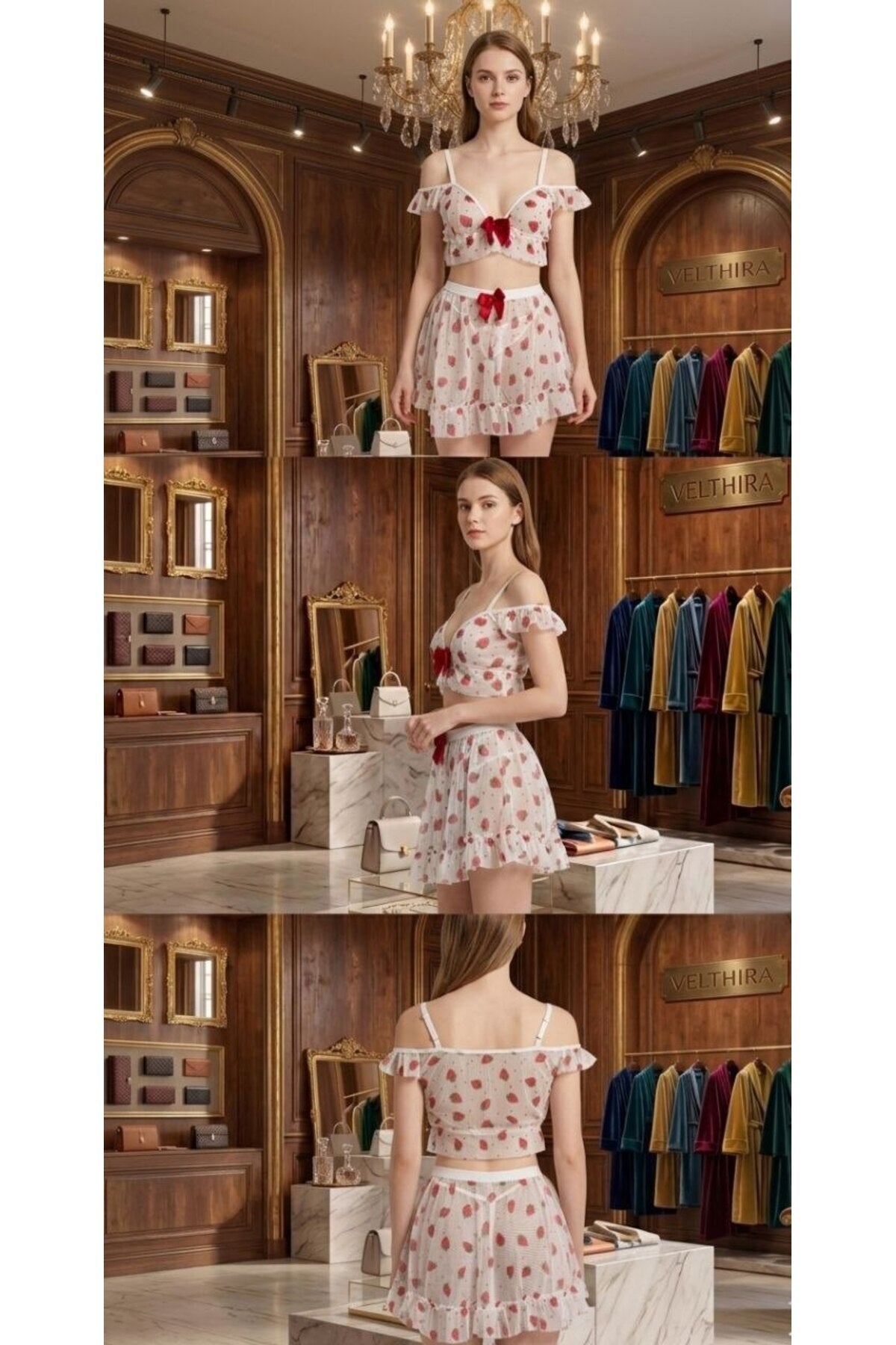 Çilek Desenli Fırfırlı Fantezi Set