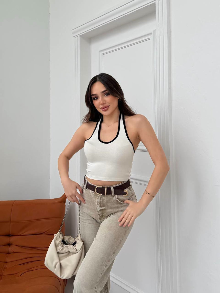 Kadın Kontrast Biye Detaylı Halter Yaka Sırt Dekolteli Crop Atlet