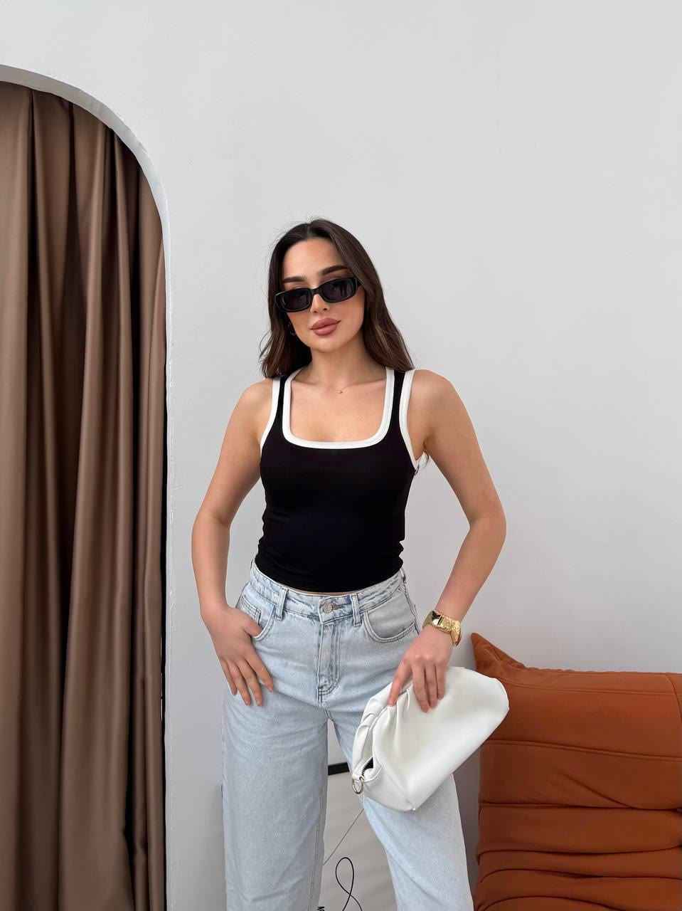 Kadın Kontrast Biye Detaylı U Yaka Crop Atlet Bluz