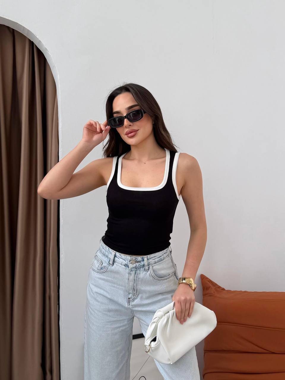 Kadın Kontrast Biye Detaylı U Yaka Crop Atlet Bluz